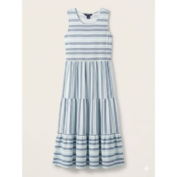 Lands' End Dresses & Skirts - LANDS END Sleeveless Tiered Striped Blue Aqua Cotton Blend Maxi Dress Large